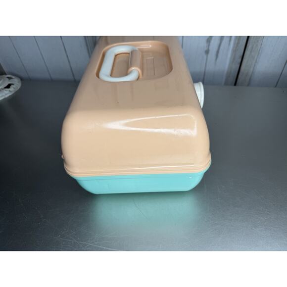 Vintage Y2K Caboodle Makeup Case USA Organizer Peach Teal Two Tier & Mirror - Picture 3 of 8